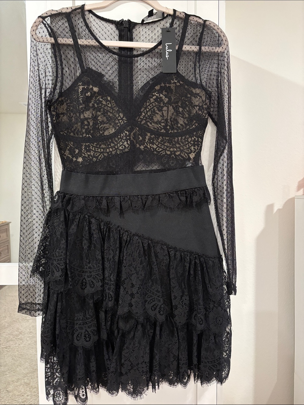 Lulus Black Lace Mesh Ruffle Mini Dress